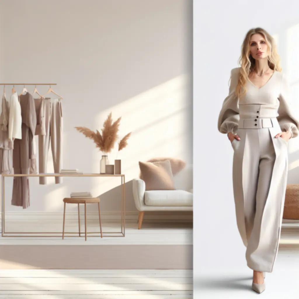 Elegancka kobieta w neutralnej stylizacji z kolekcji LadyModeo